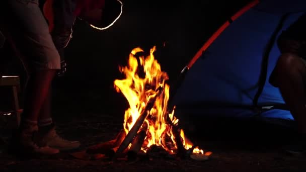 Seorang Pria Bermain Ukulele Dekat Api Unggun Hutan Malam Hari — Stok Video
