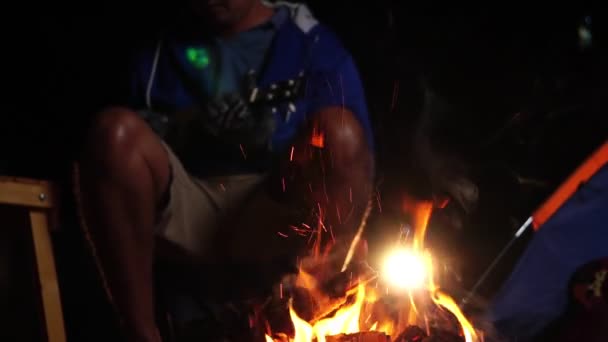 Człowiek Grający Ukulele Przy Ognisku Lesie Nocy Podróże Rekreacja — Wideo stockowe