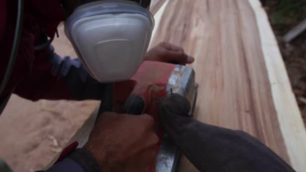 Male Carpenter Using Electric Woodworking Tool Work Outdoors — Video
