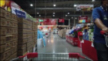 Shoppers point of view moving through supermarket aisle