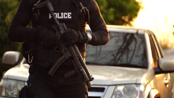 Aracın Yanında Üniformalı Bir Polis Memurunun Yakın Çekim Görüntüleri — Stok video