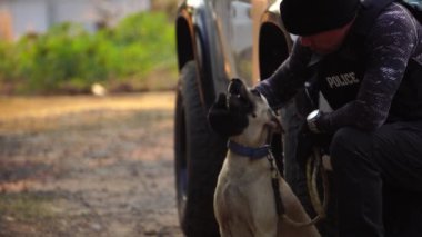 footage of vehicle at place of crime while policeman walking around with dog