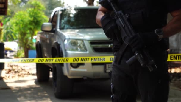 Close Footage Enter Ribbon Front Vehicle Place Crime While Policeman — Vídeos de Stock