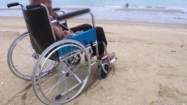 어머니는 휠체어에 해변에서 그녀의 — 비디오