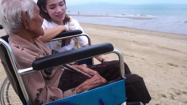 동영상 해변에 휠체어를 미소와 그녀의 이야기하는 — 비디오