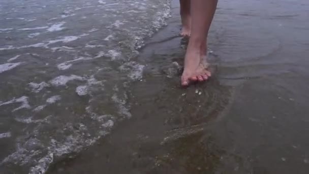 Low Section Woman Walking Ocean Beach Slow Motion — Stock Video