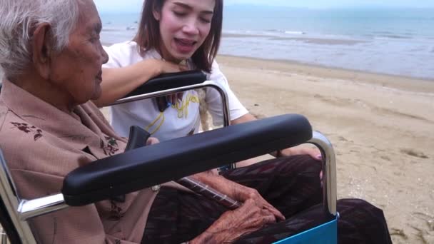 Footage Slow Motion Senior Woman Sitting Wheelchair Beach Talking Her — Stock Video