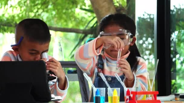 Los Escolares Asiáticos Están Aprendiendo Química Laboratorio Escolar — Vídeos de Stock