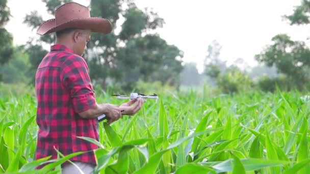 Мужчина Фермер Цифровым Планшетом Контролирующим Технологию Беспилотного Сельского Хозяйства Над — стоковое видео