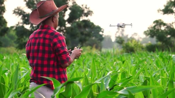 Agricoltore Maschio Con Tablet Digitale Che Controlla Tecnologia Drone Agricoltura — Video Stock