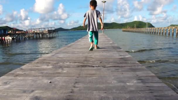 Poika Käveli Onnellisena Juoksi Sillalla Meressä — kuvapankkivideo