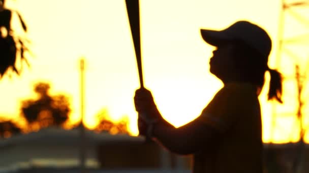 Női Softball Játékos Batting Ball Naplementével — Stock videók