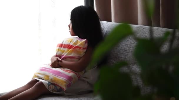 Unhappy Girl Sitting Sofa Alone Thinking Problem — Stock Video