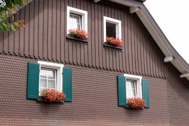 Güneşli bir günde çiçeklerle süslenmiş balkon.