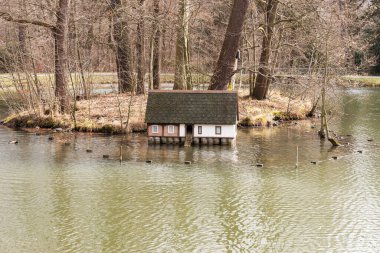 Adanın önündeki göldeki tahta ördek evi.