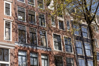 Amsterdam 'da geleneksel eski ev cephesi. Hollanda