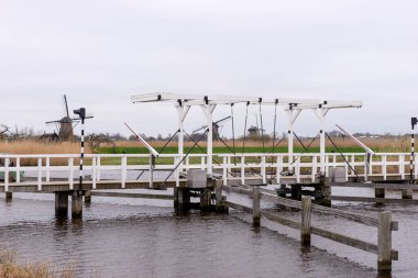 Kinderdijk 'te bir kanalın karşısındaki tahta köprü. Hollanda