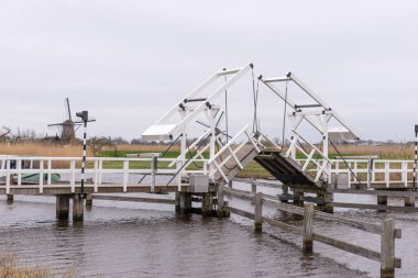 Kinderdijk 'te bir kanalın karşısındaki tahta köprü. Hollanda
