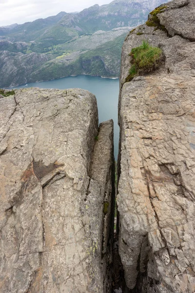Rock crevice at Pulpit Rock. View of the Lysefjord. Norway