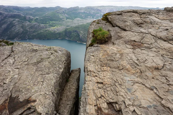 Rock crevice at Pulpit Rock. View of the Lysefjord. Norway