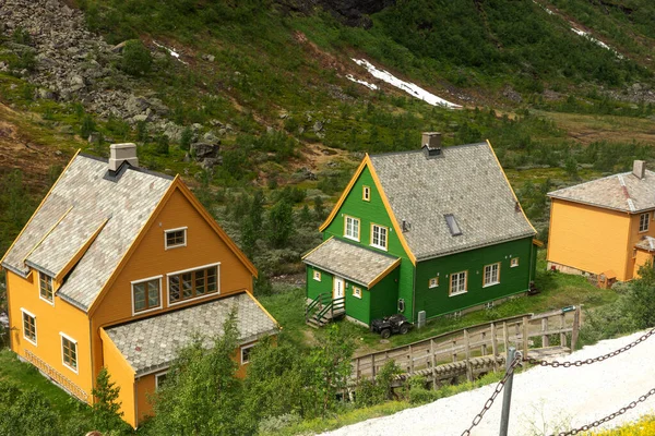 Colorful wooden cottages in Myrdal, near the railway station. Myrdal is an area with some cottages and hotels, in Aurland, Vestland County. Norway