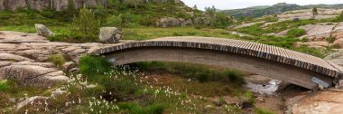 Panoramik görüntü. Preikestolen Kayası 'na giden turist yolunda küçük tahta köprü. Norveç