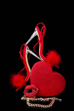 sexy, red strappy high heel shoes with box on a white background