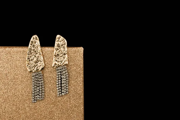 Earrings Diamonds Isolated Gold Black Background — Stock Photo, Image