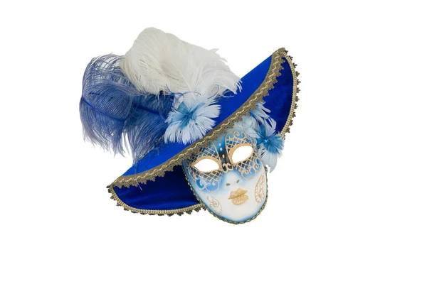 Máscara Veneciana Azul Con Oro Aislada Blanco — Foto de Stock