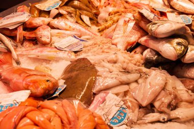 Farklı taze balıkların olduğu balık pazarı. 