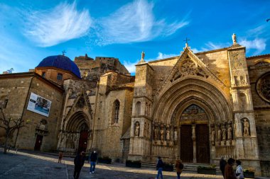 View of the portal of the Archpriestal Basilica of Santa Maria la Mayor, built in the Gothic style. This religious building is located in the town of Morella, a town located in the province of Castellon, Spain.