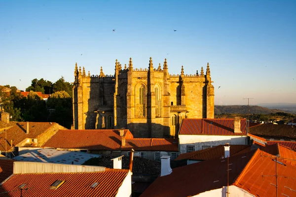 Blick Auf Die Kathedrale Von Guarda Portugal Bei Sonnenuntergang Und — Stockfoto