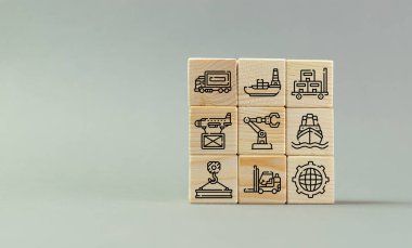 Different types of international transport, the concept of building world trade, wooden box, technology idea
