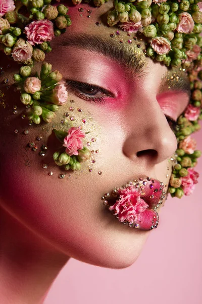 Beautiful Romantic Young Woman Flowers Her Face Inspiration Spring Summer — Stock Photo, Image