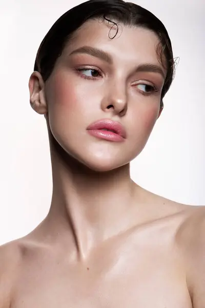 Krásný Portrét Modelky Přirozeným Make Upem Móda Lesklý Zvýrazňovač Kůži Stock Obrázky