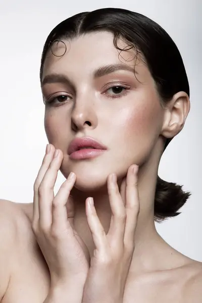 Retrato Belleza Modelo Con Maquillaje Natural Iluminador Brillante Moda Piel Imagen De Stock