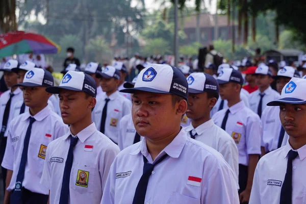 Indonesian Junior High School Students Participating Marching Baris Berbaris Celebrate — Stock Photo, Image