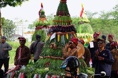 Endonezya bağımsızlık gününü Simpang Lima Gumul Kediri 'de kutlamak için Kirab tumpeng hasil bumi (çiftçi şükran günü)