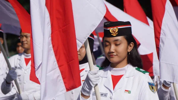 Indonezyjska Flaga Kirab Kebangsaan Narodowy Karnawał — Zdjęcie stockowe