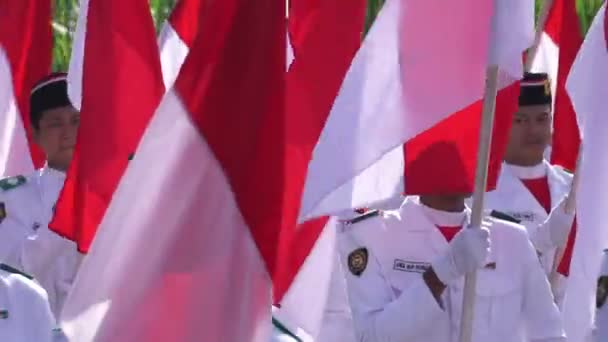 Levantador Bandeira Indonésia Kirab Kebangsaan Carnaval Nacional — Vídeo de Stock