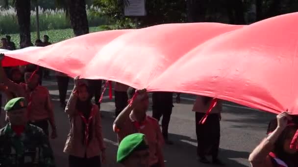 Indonéští Zvědové Rozvinout Národní Vlajku Kiráb Kebangsaan Národní Karneval — Stock video