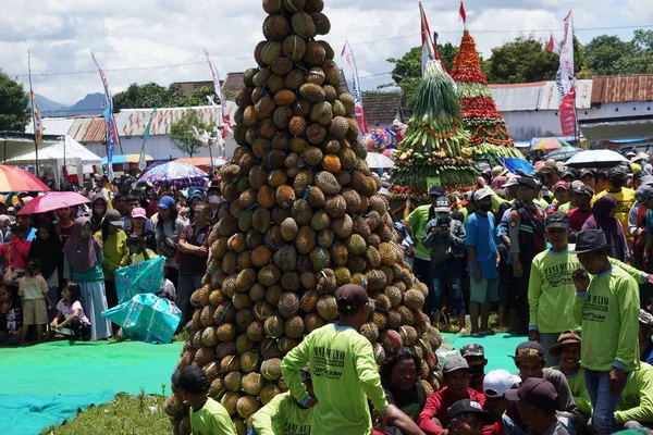 Indonésio Está Lutando Pelo Tumpeng Durian Cone Duriano Pulud Ketan — Fotografia de Stock