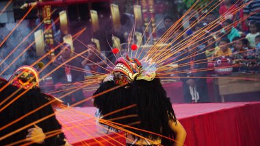 Indonesian perform barongan kucingan dance. This dance come from blitar