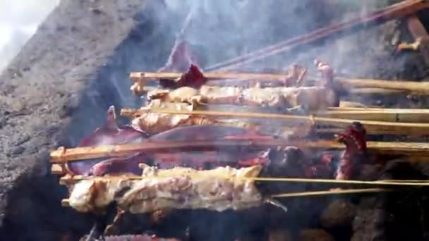 バーベキューグリル グリル魚 で焼き マリネした魚を焼く 炭で焼いた魚 — ストック動画