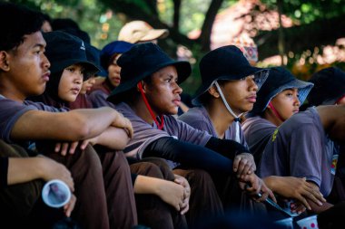 Birkaç öğrenci birlikte ciddi bir şeye bakıyorlardı.