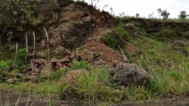 Doğal bir geçmişi olan bir tepede heyelan. Kayalar yere saçıldı..