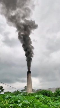 Fabrika bacasından mavi gökyüzü arka planıyla siyah duman çıkıyor.