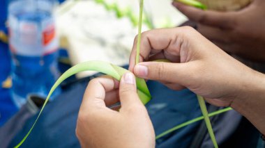 Hindistan cevizi yapraklarından (janur) örgü ve el işi yapmak. Geri dönüştürülmüş el sanatları.