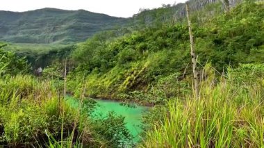 Kelud Dağı 'nın kraterindeki su yeşildir ve yeşil dağlar ve ağaçlarla çevrilidir..