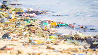 Plaja saçılmış çeşitli plastik atıklar. Çöp çevreyi kirletir ve zarar verir